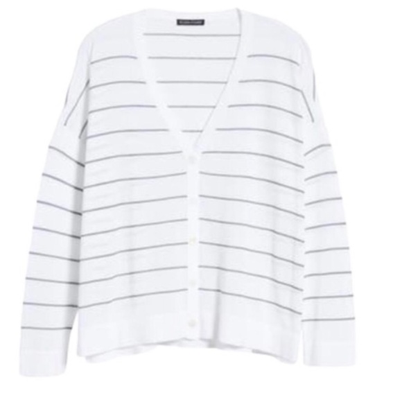 EILEEN FISHER White Black Striped V-Neck Boxy Lightweight Cardigan Size Medium - Picture 3 of 9